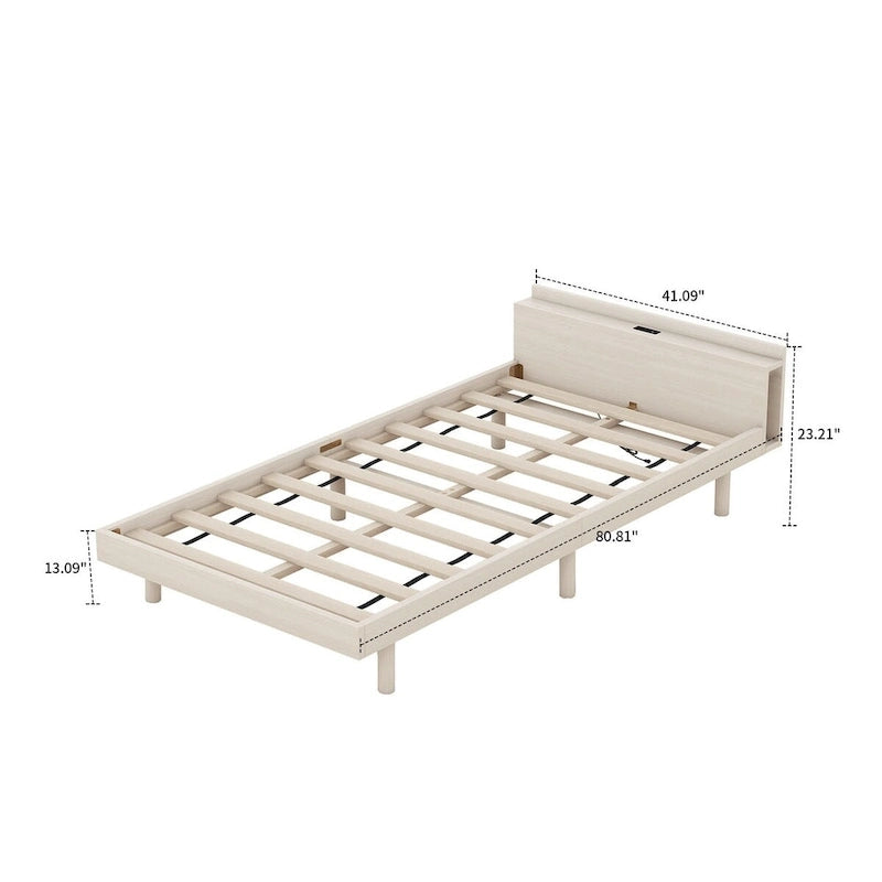 Cadre de lit plateforme en bois pour lit jumeau avec port de chargement USB