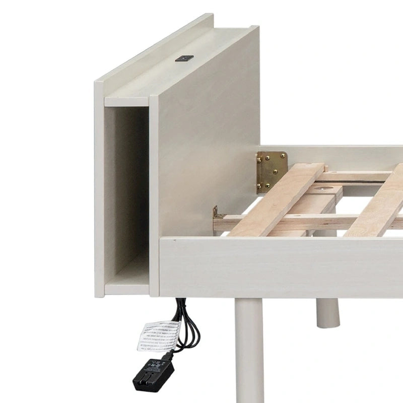 Cadre de lit plateforme en bois pour lit jumeau avec port de chargement USB