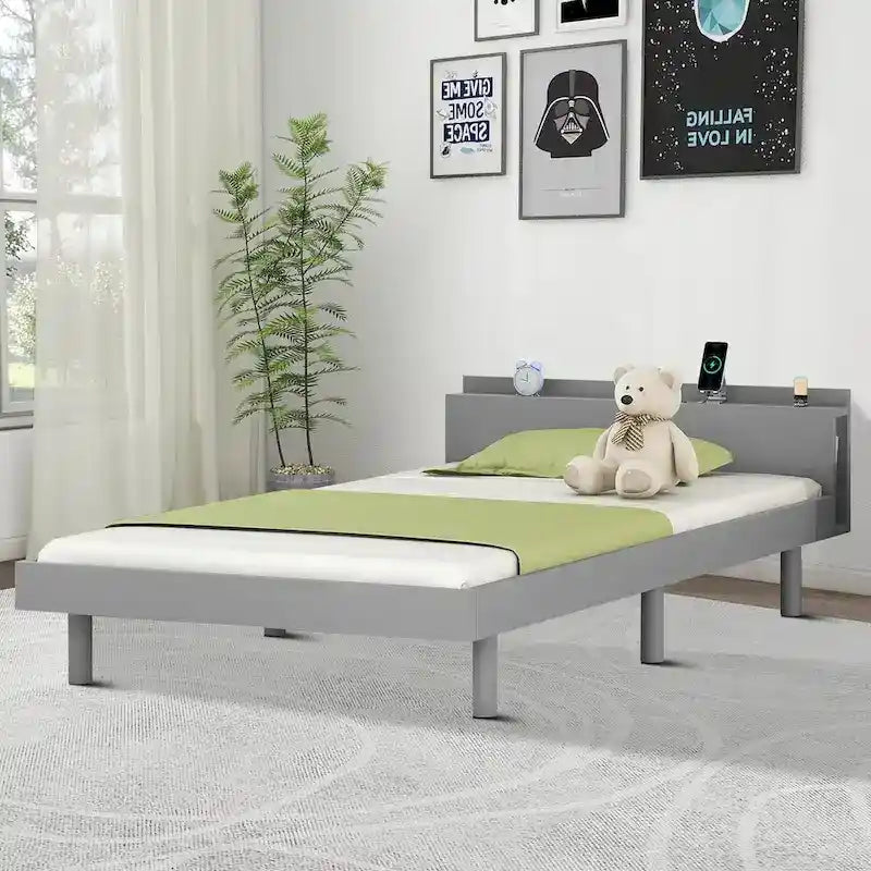 Cadre de lit plateforme en bois pour lit jumeau avec port de chargement USB