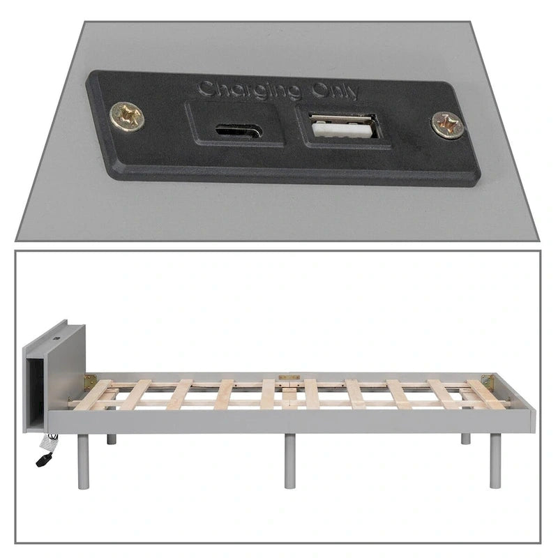 Cadre de lit plateforme en bois pour lit jumeau avec port de chargement USB