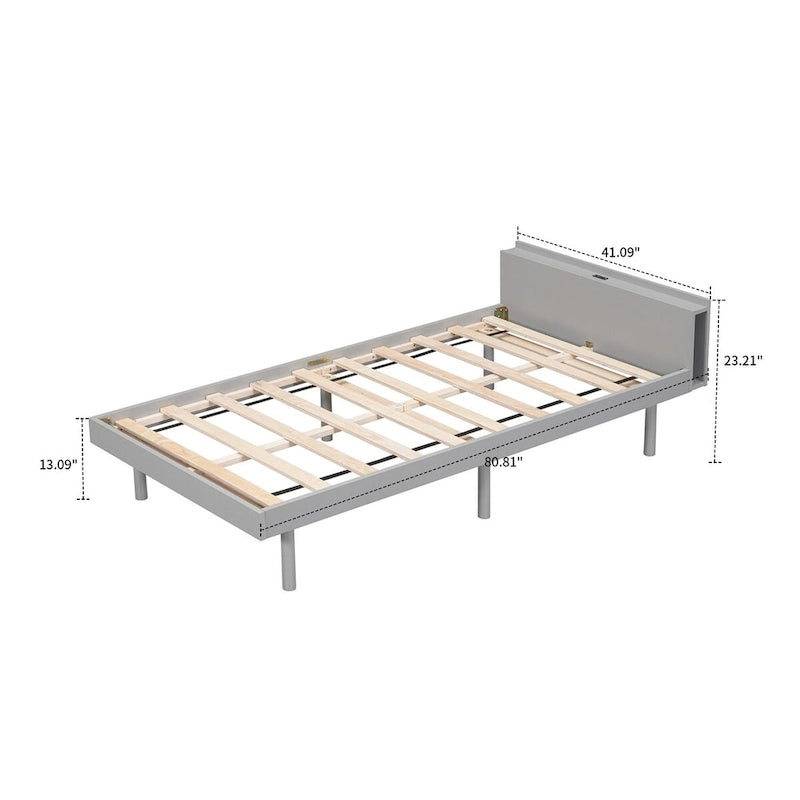 Cadre de lit plateforme en bois pour lit jumeau avec port de chargement USB