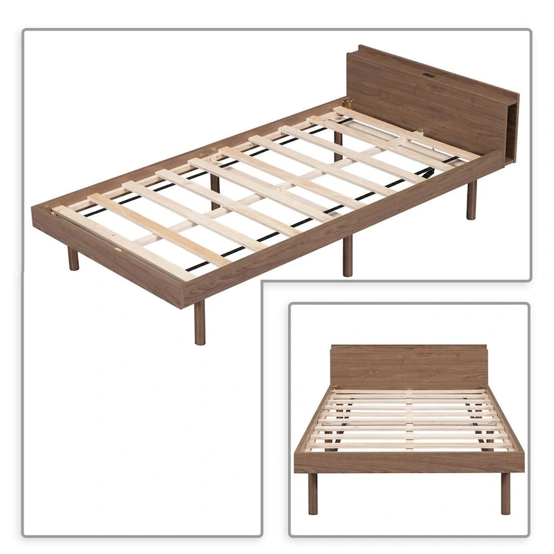 Cadre de lit plateforme en bois pour lit jumeau avec port de chargement USB