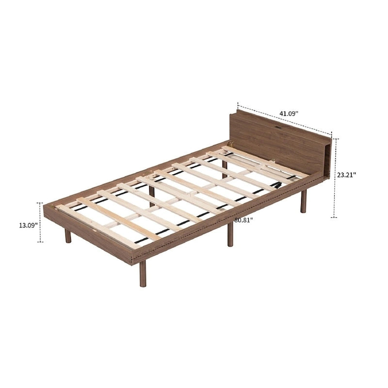 Cadre de lit plateforme en bois pour lit jumeau avec port de chargement USB