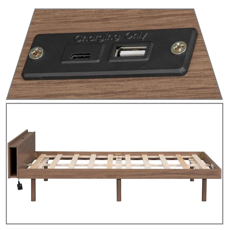 Cadre de lit plateforme en bois pour lit jumeau avec port de chargement USB