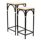 Lot de 2 tables d'appoint carrées en bois et métal avec accents en rotin