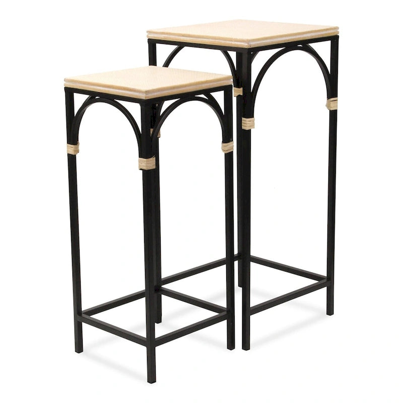 Lot de 2 tables d'appoint carrées en bois et métal avec accents en rotin