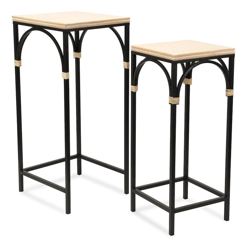Lot de 2 tables d'appoint carrées en bois et métal avec accents en rotin
