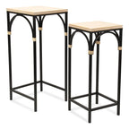 Lot de 2 tables d'appoint carrées en bois et métal avec accents en rotin