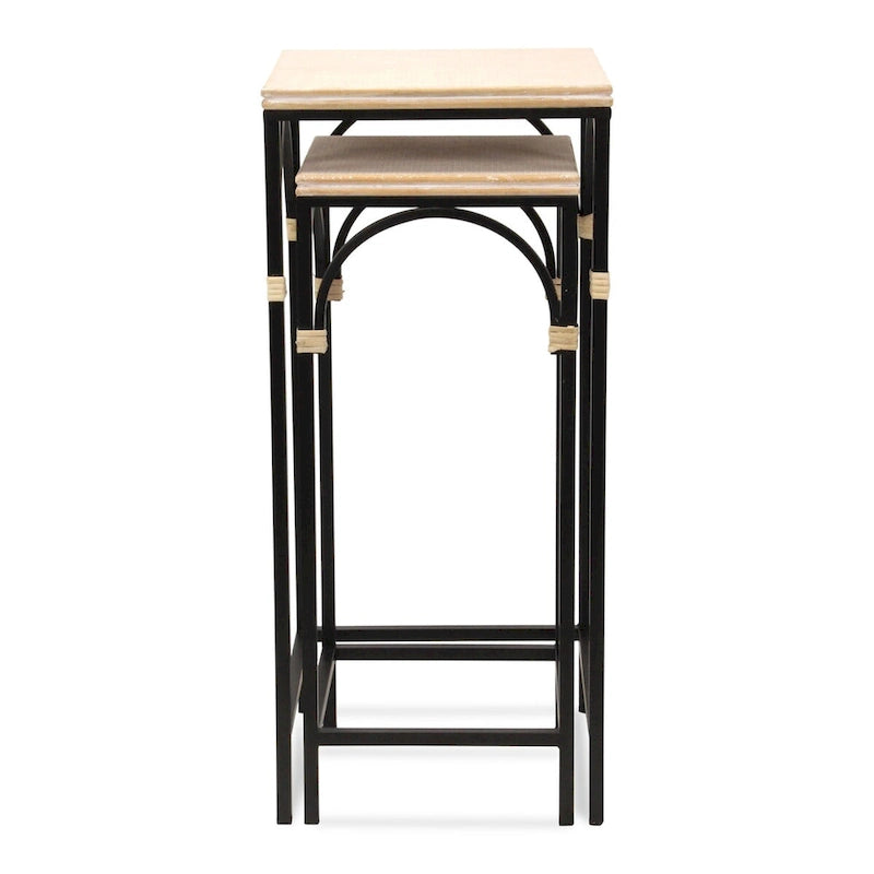Lot de 2 tables d'appoint carrées en bois et métal avec accents en rotin