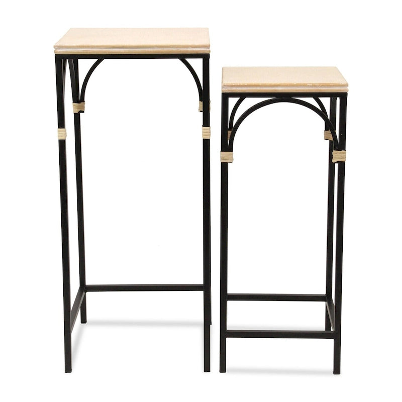 Lot de 2 tables d'appoint carrées en bois et métal avec accents en rotin