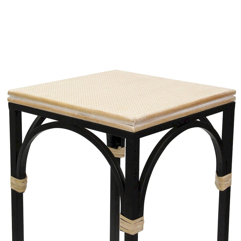 Lot de 2 tables d'appoint carrées en bois et métal avec accents en rotin