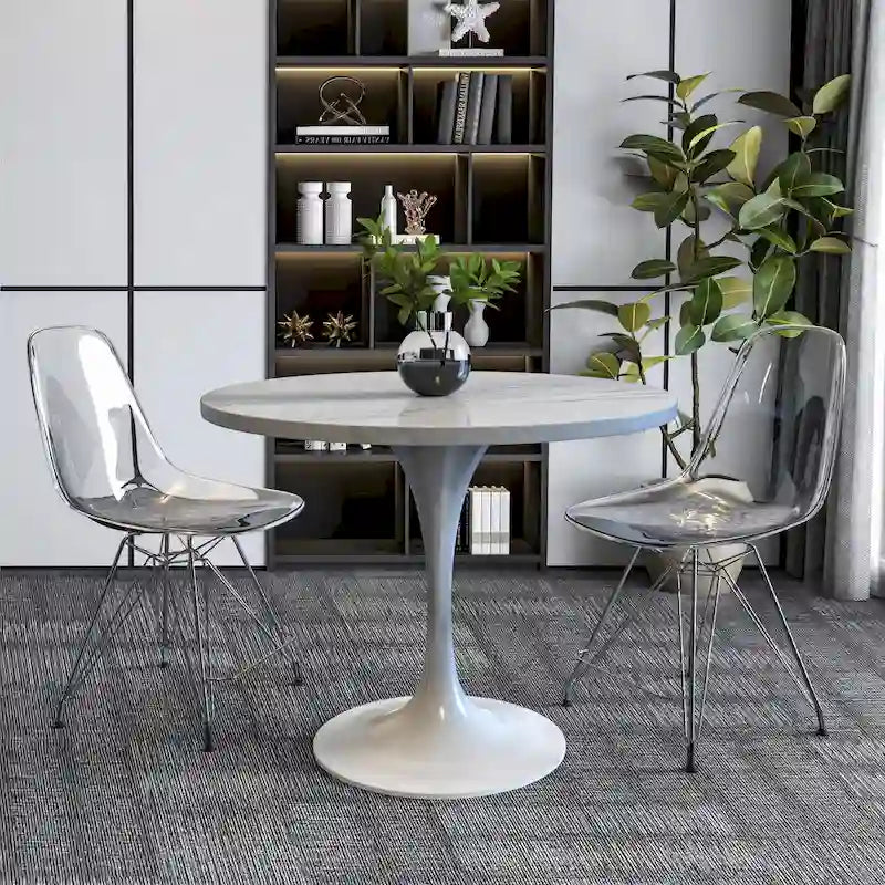 Table à manger ronde avec plateau en résine et piètement colonne en acier blanc