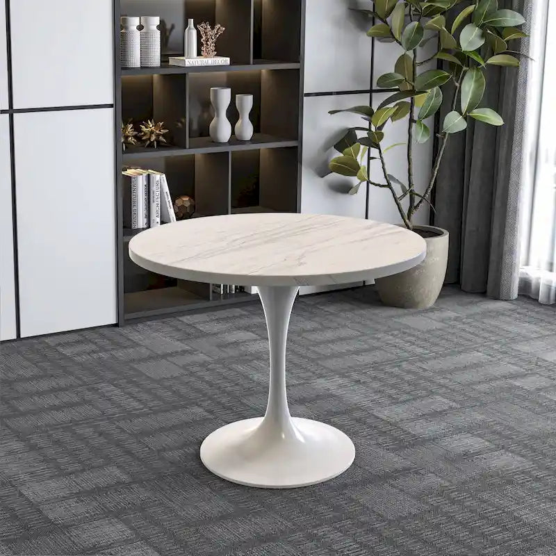 Table à manger ronde avec plateau en résine et piètement colonne en acier blanc