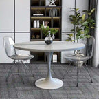 Table à manger ronde avec plateau en résine et piètement colonne en acier blanc