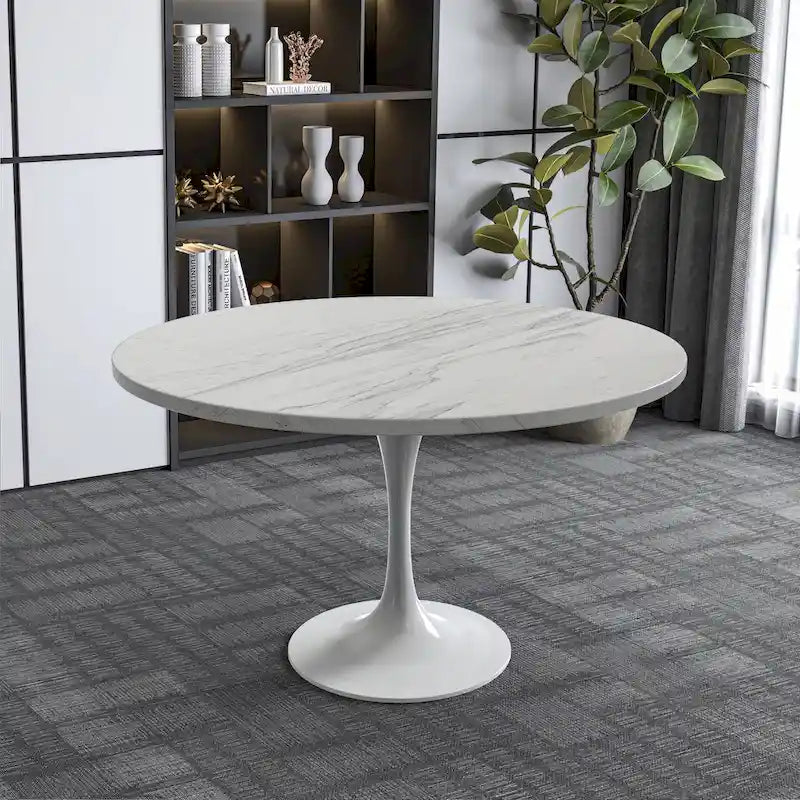 Table à manger ronde avec plateau en résine et piètement colonne en acier blanc