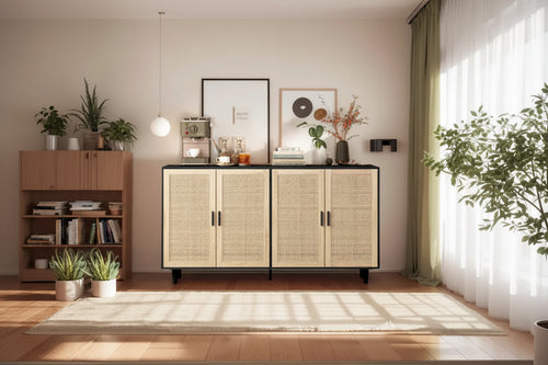 Functional 4 Door Rattan Decorative Storage Cabinet