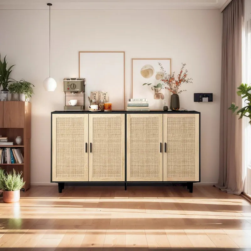 Meuble de rangement en rotin à 4 portes avec pieds en bois massif