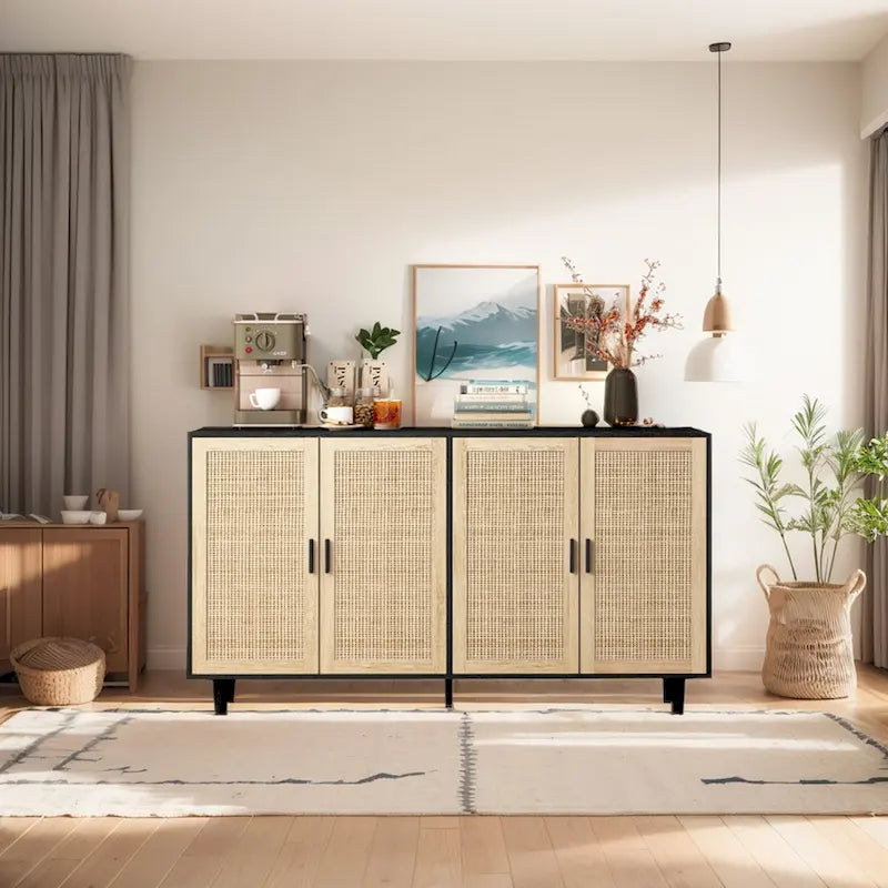 Meuble de rangement en rotin à 4 portes avec pieds en bois massif